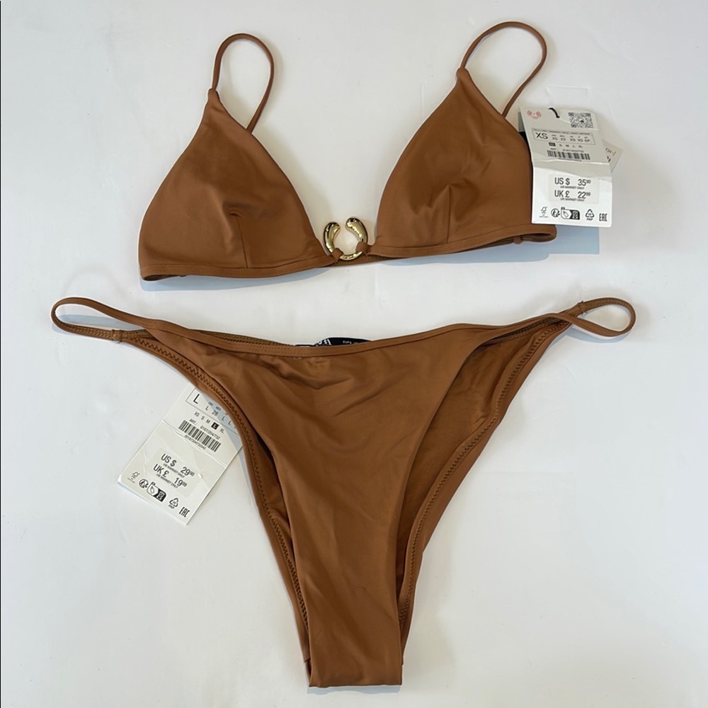 Zara Brown Bikini Set with Gold Accent/Detail Size XS Top / L Bottom NWT